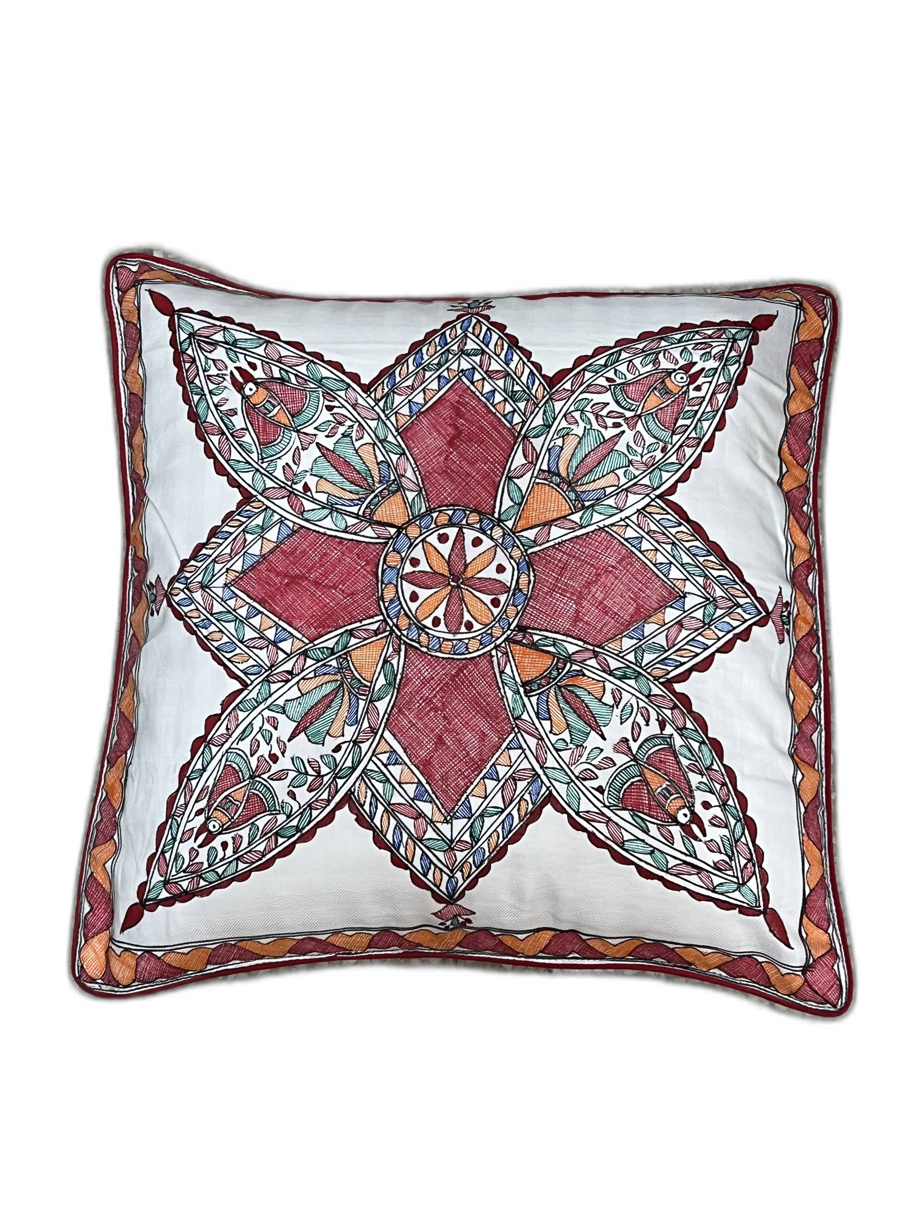 HAND-PAINTED MADHUBANI GEOMETRIC CUSHION COVER